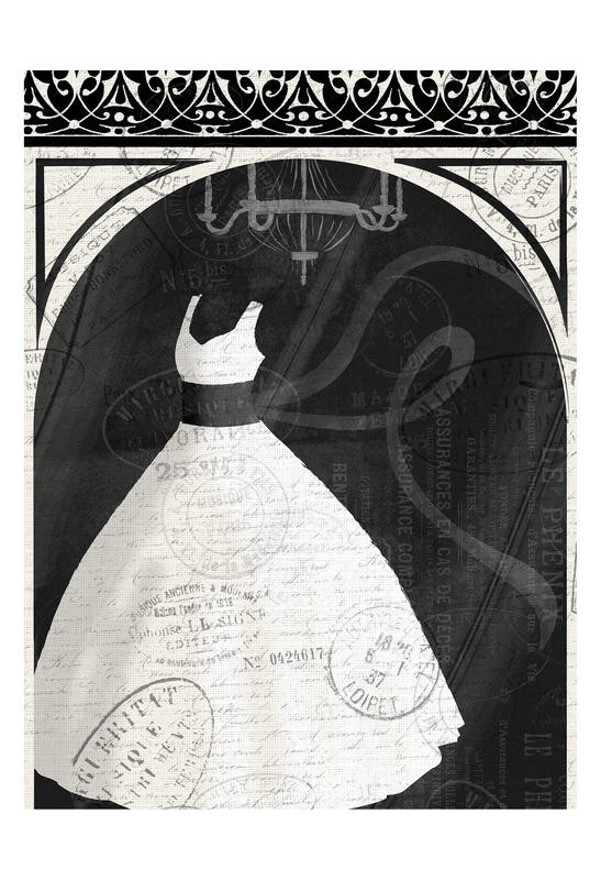 Jace Grey, DRESS IN WINDOW I (Kleid, Ballkleid, eleganz, Mode, Entwurf, Nostalgie, florale Muster, Bordüre, Kalligrafie, Wunschgröße, Schlafzimmer, Treppenhaus, schwarz/weiß)