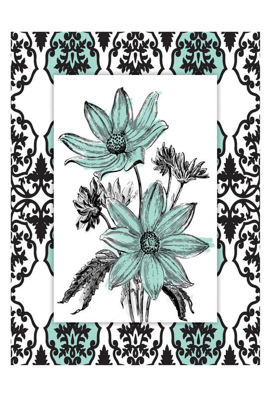 Jace Grey, SIMPLE FLORAL TEAL I (Blüten, Blume, stilisiert, Bilderrahmen, Bild im Bild, Ornamente, florale Muster, Wunschgröße, Treppenhaus)