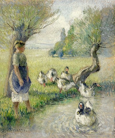 Camille Pissarro, Die Gänsehirtin (Der Ententeich). Um 1890 (Impressionismus,19. Jahrhundert,Gouache auf Leinen,Pissarro,Camille,Christie's Images Ltd,La Gardeuse D'Oies, La Mare Aux Canards, Camille Pissarro,Gänsemagd,Magd,Teich,Enten,Gänseliesel,Mädchen,junge Frau,Gänse,Frühling,Frühlingslandschaft,Tiere,ländlich)