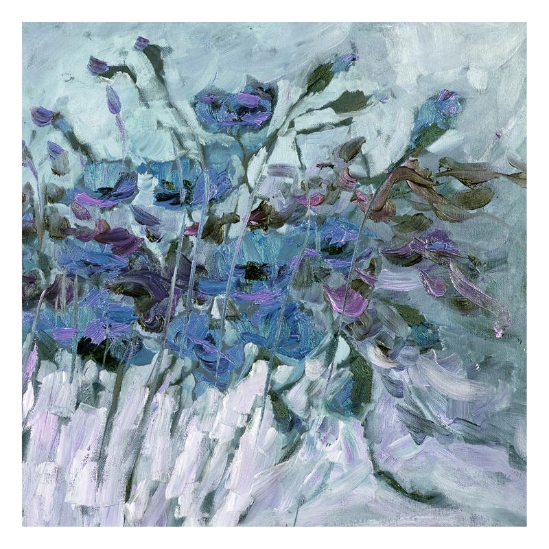 Kruk, POPPIES BLUE II (Mohnblumen, Blumen, Blüten, Mohnfeld, modern, abstrahiert, Pflanzen,  Wohnzimmer, Treppenhaus, Esszimmer, Malerei, Wunschgröße,blau/grau)