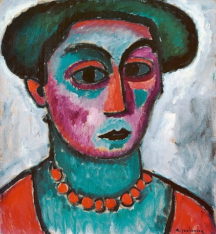 Alexej von Jawlensky, Frauenkopf. Um 1912 (Jawlensky,Alexej von,1864-1941,20. Jahrhundert,Portrait,Oberlin (Ohio),Allen Memorial Art Museum,Öl auf Setzbrett,Alexej von Jawlensky,Expressionismus,Frau,Kopf,Gesicht,Farben,farbenfroh,Fauves,Kontur,Umrisslinie,Archetyp,Kette,Halskette)