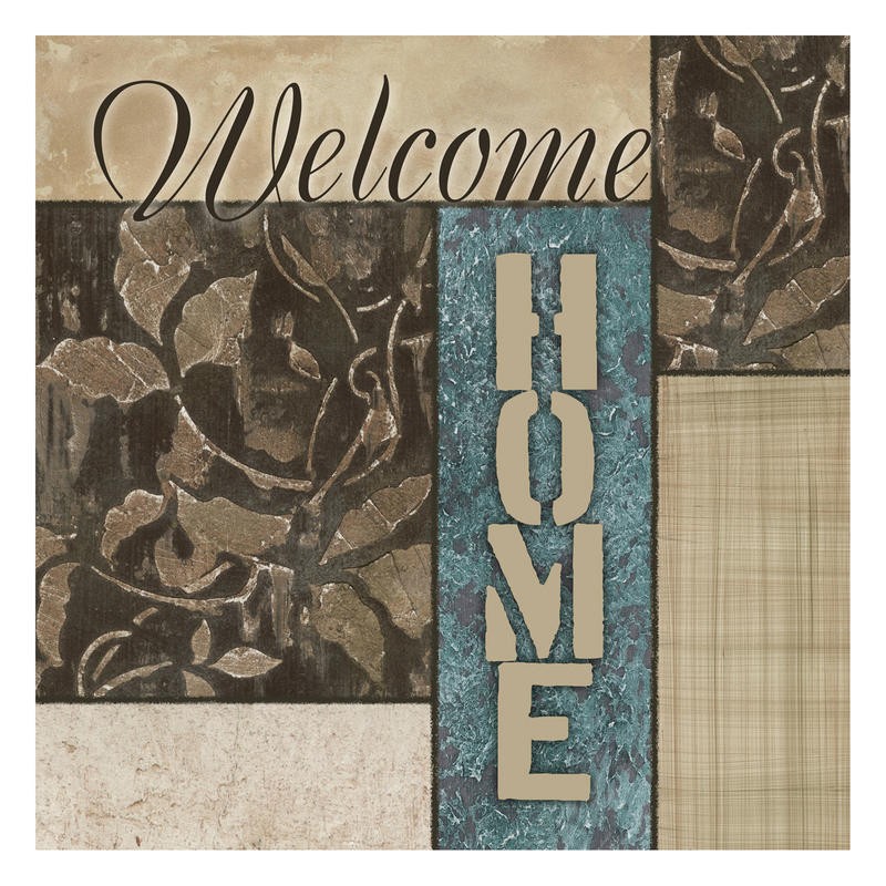 Kristin Emery, HOME (Inspiration, Zuhause, Willkommen, Blätter, Muster, Grafik, modern, zeitgenössisch, Wohnzimmer, Treppenhaus, Wunschgröße, grau/blau)