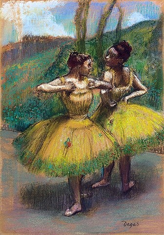 Edgar Degas, Zwei Tänzerinnen in gelb. 1896 (Impressionismus,Pastell und Kohle auf Papier,19. Jahrhundert,Christie's Images Ltd,1834-1917,Degas,Edgar,Degas,Edgar Degas,Ballett,Tänzerin,Tänzerinnen,Tutu,Bühne,zwei,gelb,Ballerina,Hochformat, französischer impressionismus,französisch,impressionistisch)
