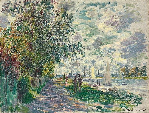 Claude Monet, Das Seine-Ufer bei Petit-Gennevilliers. 1875 (Impressionismus,19. Jahrhundert,Öl auf Leinwand,Christie's Images Ltd,1840-1926,Monet,Claude,Monet,Claude Monet,Fluss,Seine,Landschaft,Weg,Segelboote,Spaziergänger,idyllisch)