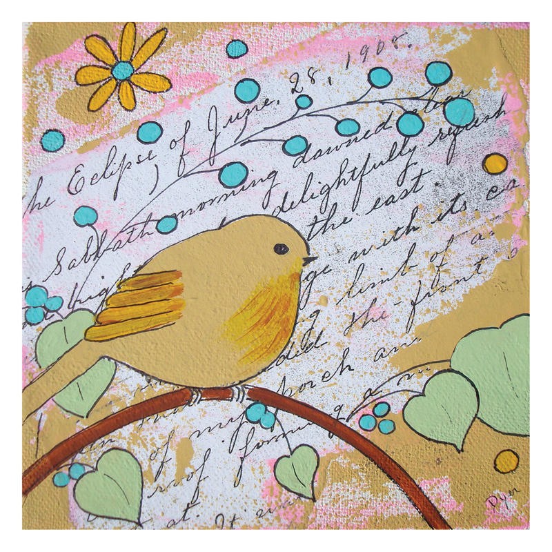 Beverly Dyer, YELLOW BIRD (Vogel, naive Malerei, Kalligrafie, niedlich, Kinderzimmer, Treppenhaus, Grafik, Wunschgröße, bunt)