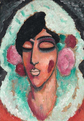 Alexej von Jawlensky, Spanierin mit gschlossenen Augen. Um 1913 (Expressionismus,20. Jahrhundert,Öl/Karton,Christie's Images Ltd,1864-1941,Jawlensky,Alexej von,Jawlensky,Alexej von Jawlensky,Spanierin,schmal,schmales Gesicht,geschlossene Augen,Schleier,Frau ,große Augen,Typ,Typus,Innenschau,in sich gekehrt,meditativ)