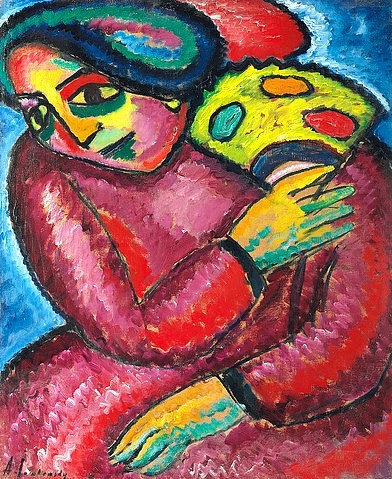Alexej von Jawlensky, Tanz mit gelbem Fächer. 1912 (Jawlensky,Alexej von,1864-1941,Christie's Images Ltd,Öl/Karton,20. Jahrhundert,Jawlensky,Alexej von Jawlensky,Expressionismus,expressiv,ausdrucksstark,Frau,Fächer,bunt,farbenfroh,Farben,Kontur,rot,Hände,Blauer Reiter,Kolorismus,Fauvismus,kräftige Farben)