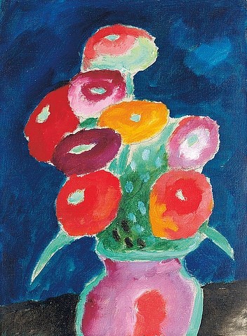 Alexej von Jawlensky, Blumen in einer Vase. 1918 (Jawlensky,Alexej von,1864-1941,Christie's Images Ltd,Öl auf Papier,aufgelegt auf Karton,20. Jahrhundert,Stillleben,Alexej von Jawlensky,Blumen,Blumenstrauß,rund,Vase,bunt,Expressionismus,expressionistisch,rot,Rottöne,Blauer Reiter)