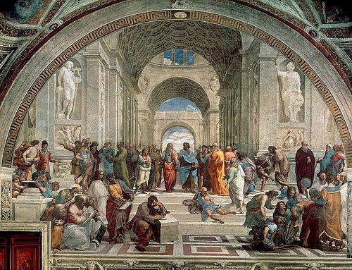 Raffael (Raffaello Sanzio), Die Schule von Athen. 1509/1510. (Raffael (Raffaello Sanzio),1483-1520,Rom,Stanza della Segnatura,Raffael,Raphael,Raffaello Santi,16. Jahrhundert,Gelehrte,Philosophie,Griechenland,Weisheit,Wissenschaft,Antike,Schule,Beruf,Renaissance,Diskussion,Zenon von Kition,Epikur,Federico II. Gonzaga)