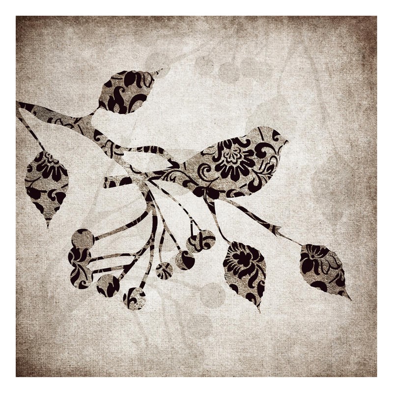 Kristin Emery, PATTERNS BIRD II (Vogel, Profil, Zweig, Silhouette, Blumenmmuster, plakativ, Wunschgröße, Wohnzimmer, Treppenhaus, Schlafzimmer, Wunschgröße, grau/schwarz)