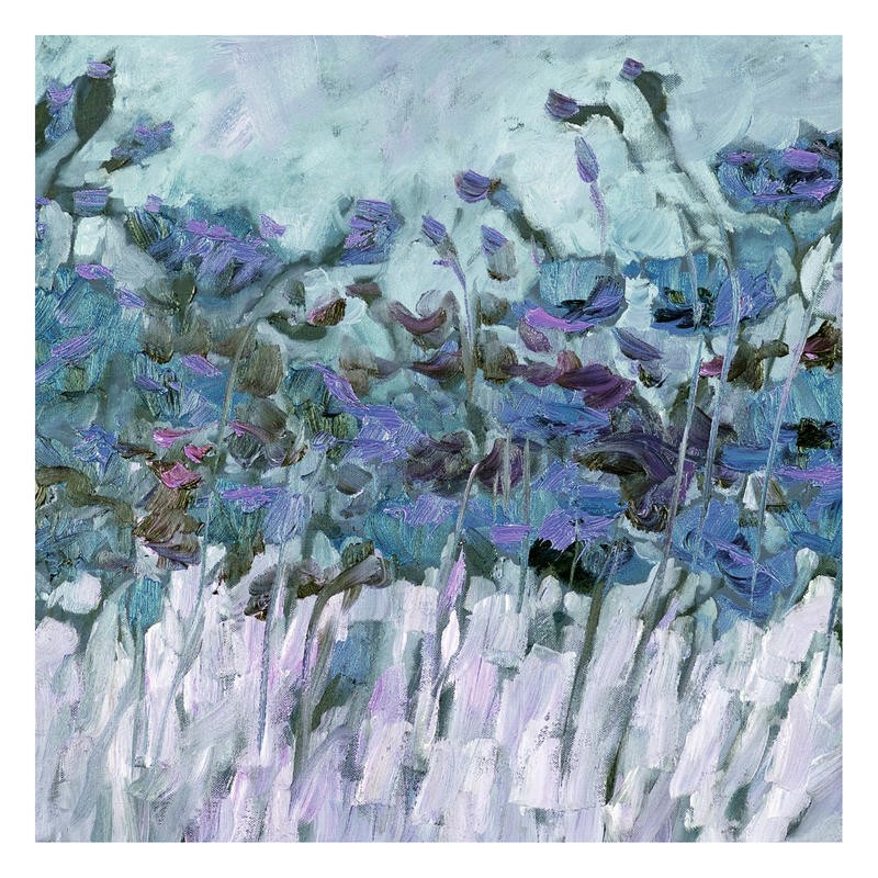 Kruk, POPPIES BLUE I (Mohnblumen, Blumen, Blüten, Mohnfeld, modern, abstrahiert, Pflanzen,  Wohnzimmer, Treppenhaus, Esszimmer, Malerei, Wunschgröße,blau/grau)