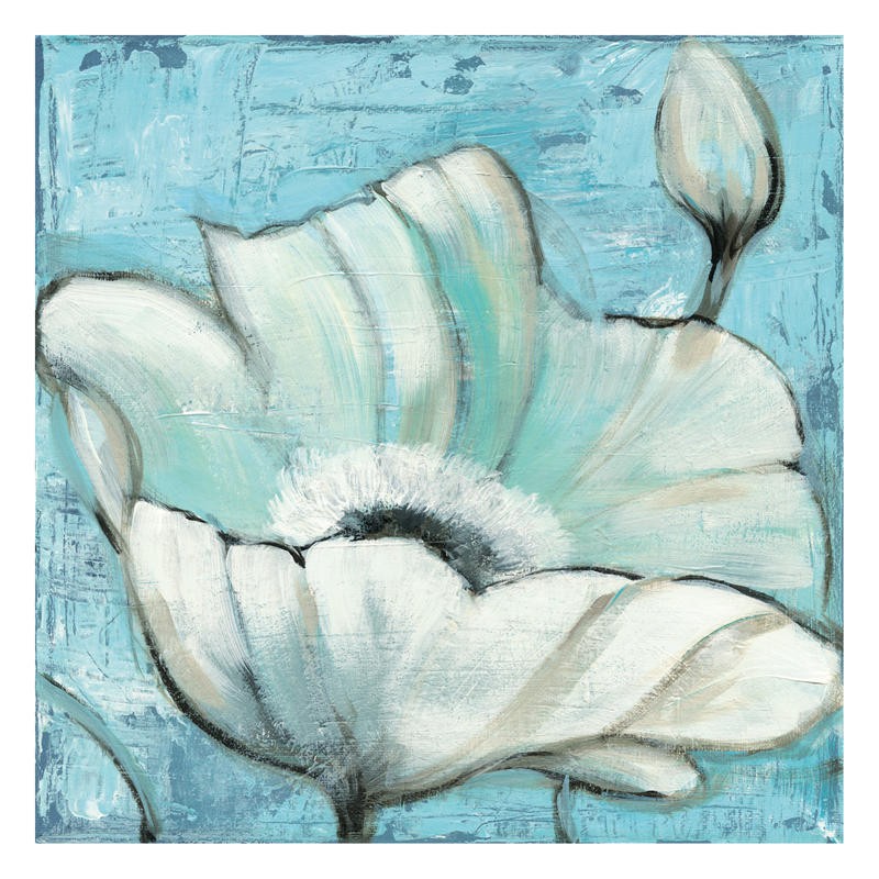 Linda Davey, WHITE AND BLUE I (Blume, Mohnblume, zeitgenössische Malerei,  stilisiert, Esszimmer, Treppenhaus, Wohnzimmer, Wunschgröße, weiß/blau)