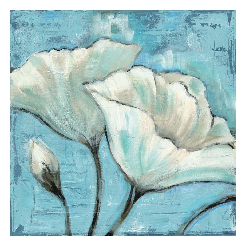 Linda Davey, WHITE AND BLUE II (Blume, Mohnblume, zeitgenössische Malerei,  stilisiert, Esszimmer, Treppenhaus, Wohnzimmer, Wunschgröße, weiß/blau)