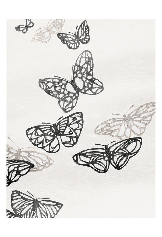 Jace Grey, MOMENTS II (Schmetterlinge, Flug, fliegen, filigran, flächig, Muster,   Wunschgröße, Grafik, Treppenhaus, schwarz/weiß)