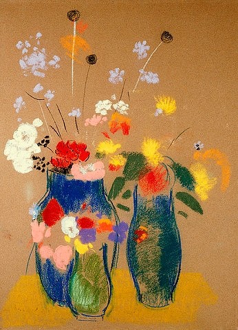 Odilon Redon, Drei Vasen mit Blumen. Um 1908-10 (Postimpressionismus, Stillleben, Blumenvase, Blüten, Blumen, filigran, floral, klassische Moderne, Malerei, Wohnzimmer, Esszimmer, Treppenhaus, Wunschgröße, bunt)
