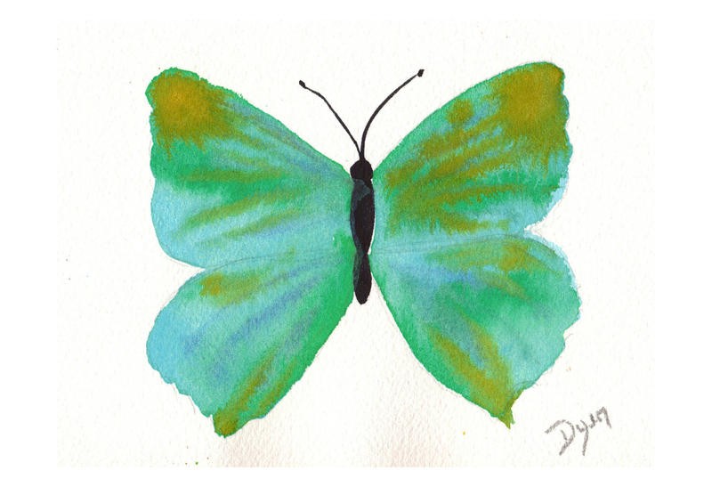 Beverly Dyer, BUTTERFLY BLISS I (Schmetterling, Aquarell, Schlafzimmer, Wohnzimmer, Treppenhaus, Malerei, Wunschgröße, grün)