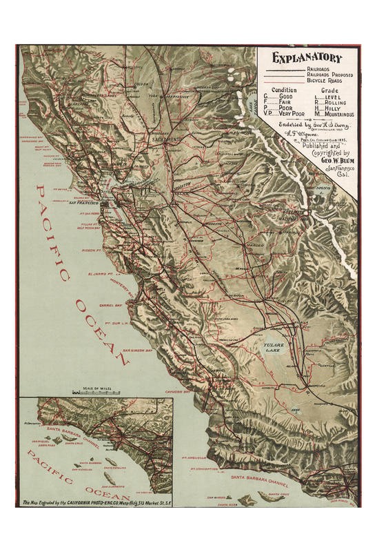Tina Carlson, PACIFIC (Geografische Karte, Landkarte, Ozean, Pazifik, Kalifornien, Nostalgie, historisch, Grafik, Wunschgröße, Wohnzimmer, Treppenhaus, Büro, bunt)