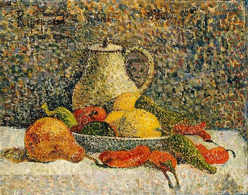 Paul Gauguin, Stillleben. 1889 (Gauguin,Paul,1848-1903,Christie's Images Ltd,Öl auf Leinwand,19. Jahrhundert,Gauguin,Paul Gauguin,Post-Impressionismus,Kanne,Kaffeekanne,Teekanne,Birne,Obst,Gemüse,Peperoni,pointillistisch,flirrend)