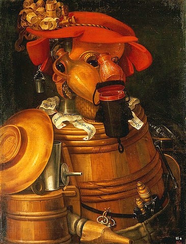 Giuseppe Arcimboldo, Der Kellner. 1574 (Wunschgröße, Oberkörper, Kellner, Beruf, Fass, Wein, Gläser, Korken,  Portrait, anorganisch, witzig, bizarr, Renaissance,  Figurativ, Klassiker, Wohnzimmer, Küche, Esszimmer, bunt)