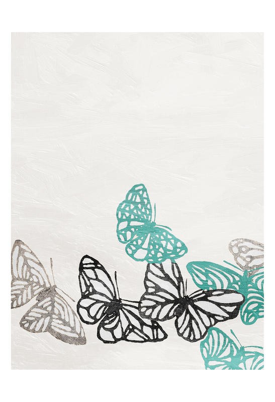 Jace Grey, BUTTERFLIES TURQUOISE I (Schmetterlinge, Flug, fliegen, filigran, flächig, Muster, modern, Wunschgröße, Grafik, Treppenhaus, schwarz/weiß/türkis)