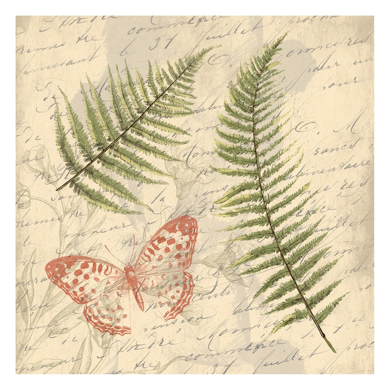 Jace Grey, FLORAL WOOD III (Blätter, Farnkraut, Schmetterling, Kalligrafie,   Nostalgie, Botanik, Pflanze, Wunschgröße, Treppenhaus, Wohnzimmer, filigran)