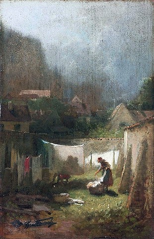 Carl Spitzweg, Beim Wäsche aufhängen. (Spitzweg,Carl,1808-1885,Christie's Images Ltd,Öl auf Holz,19. Jahrhundert,Spitzweg,Carl Spitzweg,Biedermeier,Wäsche,Waschtag,Leine,Bettlaken,Schatten,erschrecken,Magd)