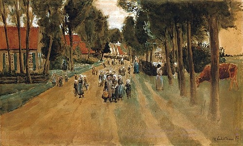 Max Liebermann, Dorfstraße mit Kindern in Zweeloo. 1882 (Christie's Images Ltd,Liebermann,Max,1847-1935,Aquarell auf Papier,19. Jahrhundert,Liebermann,Max Liebermann,Impressionismus,Holland,Allee,Kinder,Kindergruppe,Gruppe,Weg,Dorf,dörflich,Ausflug)