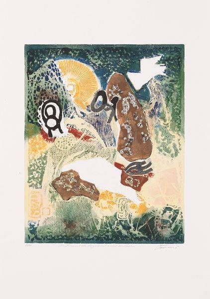 Tormi Jan Die Stimme des Vogels (Carborundum-Radierung, handsigniert) (Abstrakt, Abstrakte Grafik, Moderne, Ornamente, Muster, Amorphe Formen, Original, signiert, Büro, Wohnzimmer)
