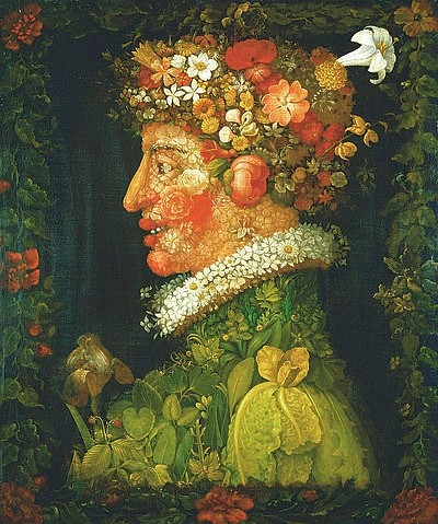 Giuseppe Arcimboldo, Der Frühling. 1573 (Wunschgröße, Gesicht, Portrait, Blumen, Blüten, Blätter, floral, Jahreszeit, bizarr, Manierismus, Allegorie, Figurativ, Klassiker, Wohnzimmer, Esszimmer, bunt)