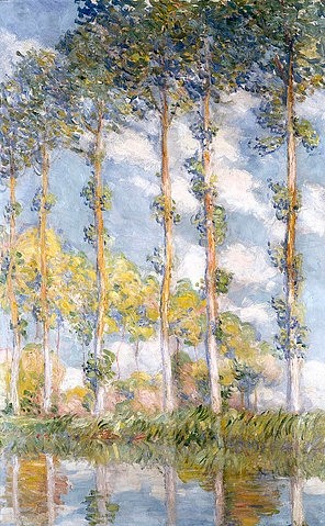 Claude Monet, Pappeln. 1881 (Landschaft,Impressionismus,französischer,19. Jahrhundert,Öl auf Leinwand,Christie's Images Ltd,1840-1926,Monet,Claude,Les Peupliers,Claude Monet, französischer,Impressionismus,französisch,Baum,Bäume,Allee,Spiegelung,hohe Stämme,sonnig)