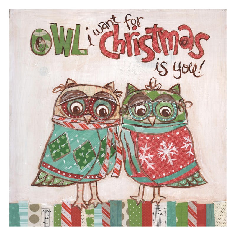 Erin Butson, CHRISTMAS OWL I (Eulen, Weihnachsteulen, Weihnachten, fröhlich, lustig, Grafik, Wohnzimmer, Treppenhaus,   Wunschgröße, bunt)