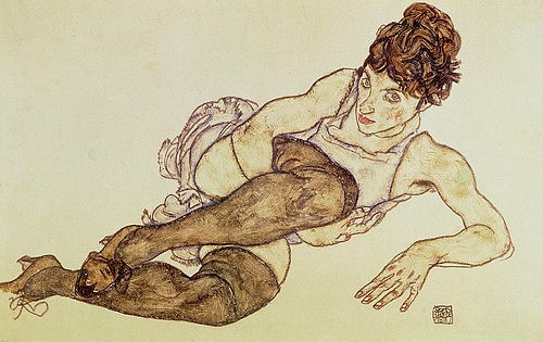 Egon Schiele, Liegende Frau mit grünen Strümpfen. 1917 (Malerei, Frau, Liegende,  lasziv, Klassische Moderne, People & Eros, Expressionismus, Wohnzimmer, Schlafzimmer, bunt)