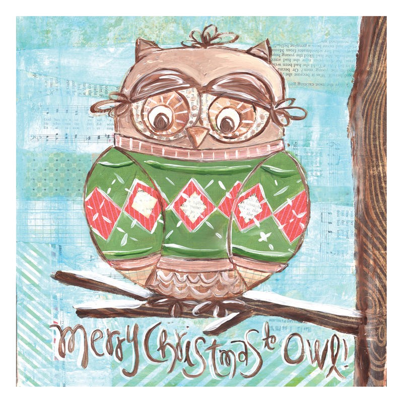 Erin Butson, MERRY CHRISTMAS OWL I (Eule, Weihnachsteule, Weihnachten, fröhlich, lustig, Grafik, Wohnzimmer, Treppenhaus,   Wunschgröße, bunt)