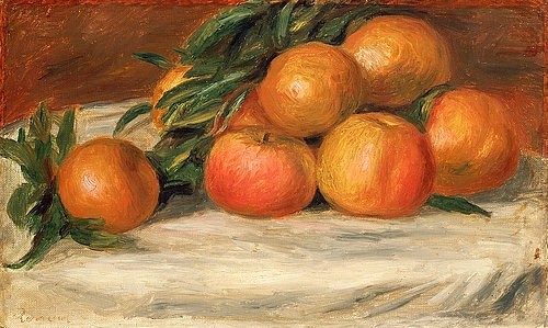 Pierre-Auguste Renoir, Stillleben mit Äpfeln und Orangen. Um 1901 (Stillleben, Früchte, Zirusfrüchte, Orangen, Äpfel, Impressionismus, klassische Moderne, Wunschgröße, Wohnzimmer, Eszimmer, Küche, Malerei)