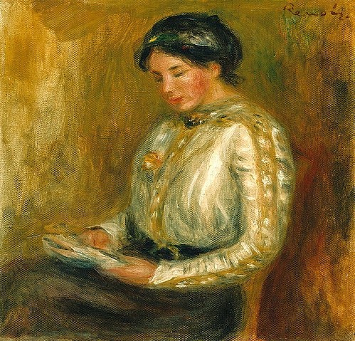 Pierre-Auguste Renoir, Lesende. (Portrait, Lesende, Frau, Stuhl,   Impressionismus, klassische Moderne, Wunschgröße, Wohnzimmer, Malerei)
