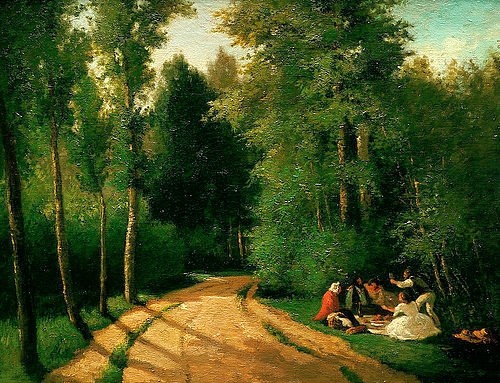Camille Pissarro, Picknick in Montmorency. 1857 (Christie's Images Ltd,Pissarro,Camille,1830-1903,Öl auf Leinwand,19. Jahrhundert,Camille Pissarro,Pique-Nique,Wald,Gruppe,Idylle,Landschaft,Montmorency,draußen,Picknick,Picnic,Sommer,Schatten,Weg,Straße,Bäume, französischer impressionismus)