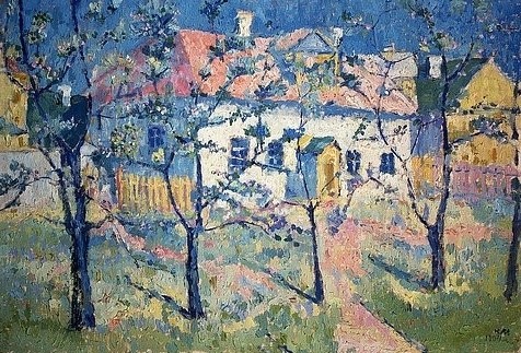 Kasimir Malewitsch, Frühling - blühender Garten. 1904 (Moskau,Tretjakow-Galerie,Malewitsch,Kasimir,1878-1935,Öl auf Leinwand,20. Jahrhundert,Malewitsch,Kasimir,Frühling,Haus,Bäume,Idylle)