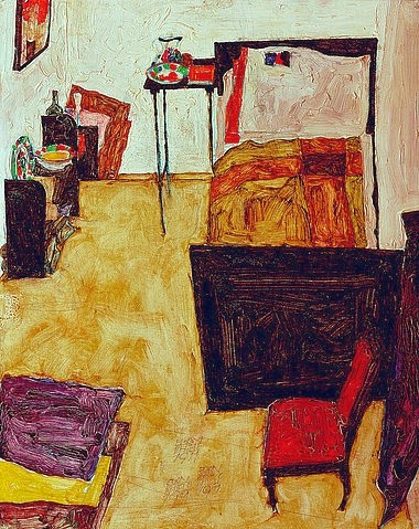 Egon Schiele, Mein Wohnzimmer. (Das Zimmer des Künstlers in Neulengbach). 1911 (20. Jahrhundert,Öl auf Holz,Wien,Museen der Stadt,1890-1918,Schiele,Egon,Egon Schiele,Expressionismus,Interieur,Zimmer,Bett,Möbel)