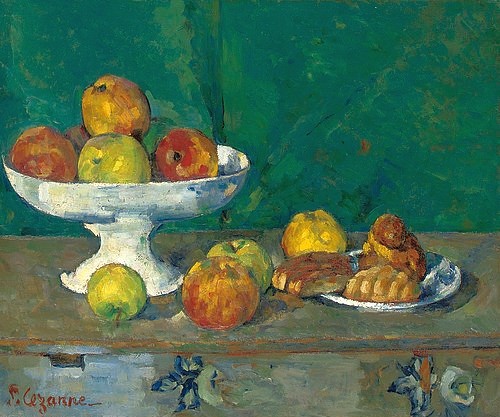 Paul Cézanne, Stillleben mit Äpfeln und kleinen Kuchen. Um 1873-77 (Stillleben, Äpfel, Obst, Obstschale, Gebäck, Brioche,  Wunschgröße, Klassiker, Impressionismus, Wunschgröße, Wohnzimmer)