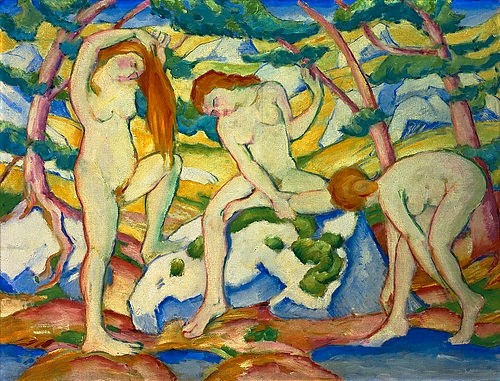 Franz Marc, Badende Mädchen. 1910 (20. Jahrhundert,Privatbesitz,Leinwand,1880-1916,Marc,Franz,Franz Marc,Körperhaltung,drei,baden,Badende,Expressionismus,Blauer Reiter,Akte,Akt,weiblich,Landschaft,Frauen)