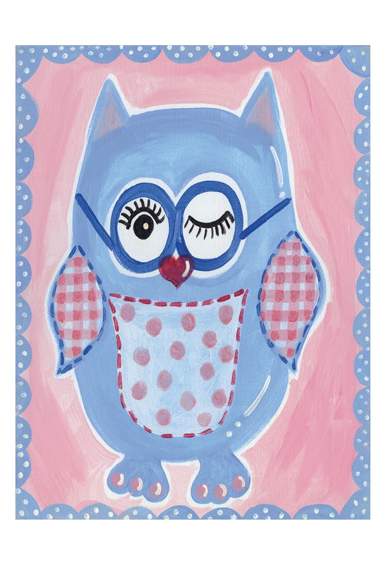 Tammy Hassett, OWL BLUE (Eule, Brille, Punkte, niedlich, lustig, plakativ, Grafik, Kinderzimmer, rosa / hellblau)
