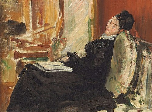 Édouard Manet, Lesende junge Frau. 1875 (Frau, Bürgertum, Eleganz, Couch, Lesende, Buch, Impressionismus, Wohnzimmer, Klassiker, Wunschgröße, bunt,)