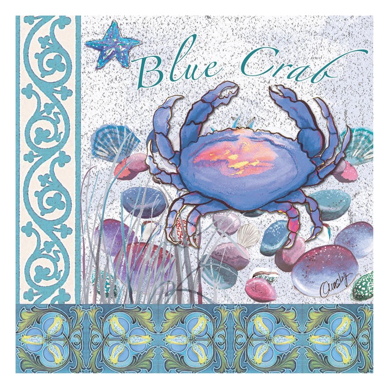 Anne Ormsby, BLUE CRAB (Krebs, Krabbe, maritim, Meeresbrise, Schalentier, Ornamente, Muster, Malerei,  Wunschgröße, Wohnzimmer, Esszimmer, Treppenhaus, bunt)