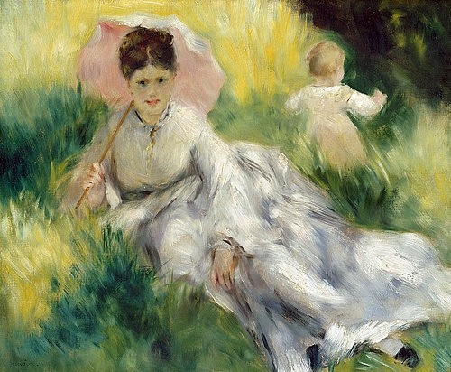 Pierre-Auguste Renoir, Dame mit Sonnenschirm und Kleinkind auf einem sonnenbeschienenen Hügel. Um 1874-76 (Frau, Mutter, Sonnenschein, Garten, Sommer, Kind,  Sonnenschirm, weißes Impressionismus, klassische Moderne, Wunschgröße, Wohnzimmer, Malerei)