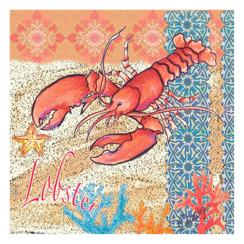 Anne Ormsby, ORANGE LOBSTER (Hummer, maritim, Meeresbrise, Schalentier, Ornamente, Muster, Malerei,  Wunschgröße, Wohnzimmer, Esszimmer, Treppenhaus, bunt)