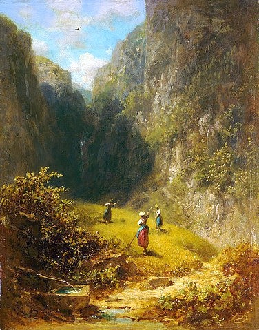 Carl Spitzweg, Heuernte im Hochgebirge. (Spitzweg,Carl,1808-1885,Öl/Pappe,Privatbesitz,19. Jahrhundert,Spitzweg,Carl Spitzweg,Bierdermeier,Gebirge,Erntezeit,Sommer,sonnig,Heuernte,Brunnen,Tal,Bäuerinnen,Heu,Getreidefeld,ländlich,auf dem Land)