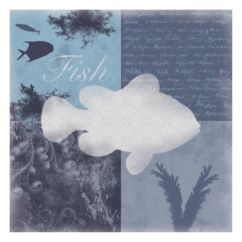 Lauren Gibbons, AQUATIC I (Fisch, Wasserpflanzen, Kalligrafie, Fotokunst, plakativ, Silhouette, modern, maritim, Grafik, Wunschgröße,   Treppenhaus, blau/grau)