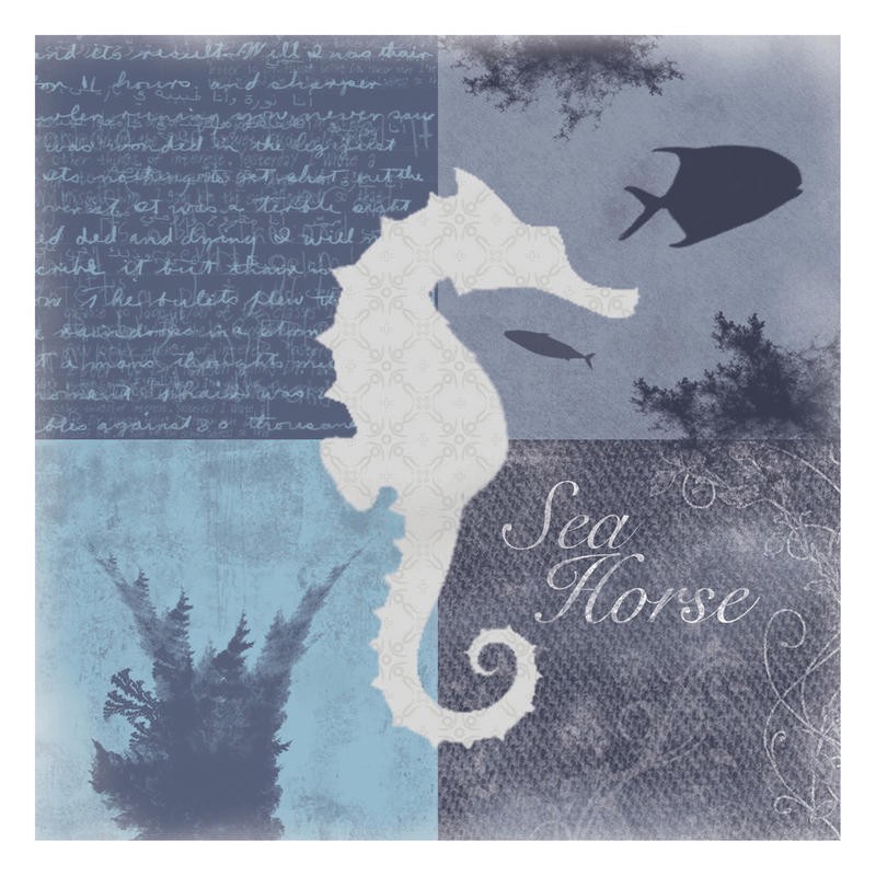 Lauren Gibbons, AQUATIC II (Fisch, Seepferdchen, Wasserpflanzen, Kalligrafie, Fotokunst, plakativ, Silhouette, modern, Grafik, maritim, Wunschgröße, Treppenhaus, blau/grau)