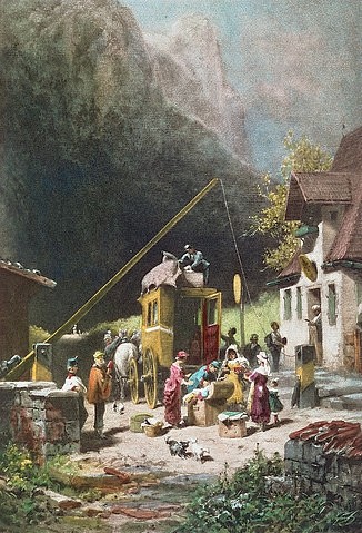 Carl Spitzweg, Nur Gedanken sind zollfrei. (Spitzweg,Carl,1808-1885,Privatbesitz,19. Jahrhundert,Lichtdruck,Spitzweg,Carl Spitzweg,Bierdermeier,Gasthof,Kutsche,Postkutsche,Poststation,Reisende)