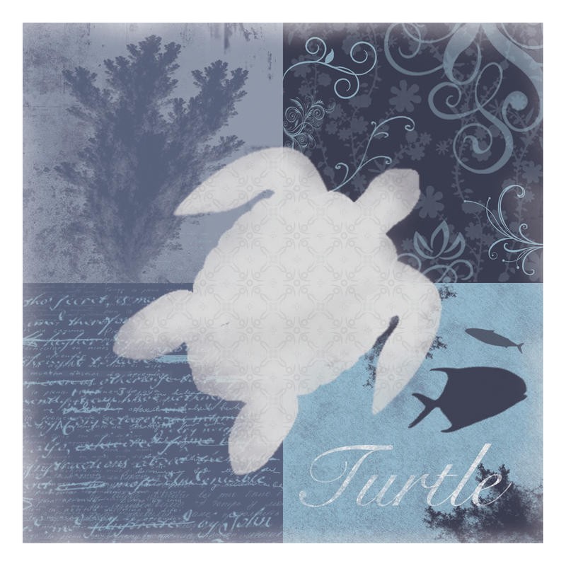 Lauren Gibbons, AQUATIC III (Schildkröte, Fische, Wasserpflanzen, Kalligrafie, Fotokunst, plakativ, Silhouette, modern, Grafik, maritim, Wunschgröße,  Treppenhaus, blau/grau)